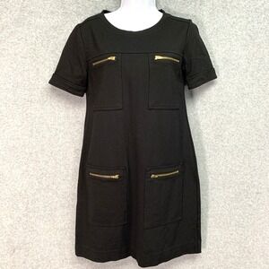 J. Crew Short Dress Black Size 2 Mod Gold Zip Stretch LBD Minimal Old Money Lux